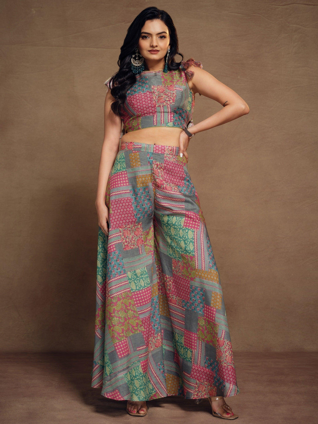 Multi-Color Muslin Silk Crop Top | Palazzo Set with Digital Prints