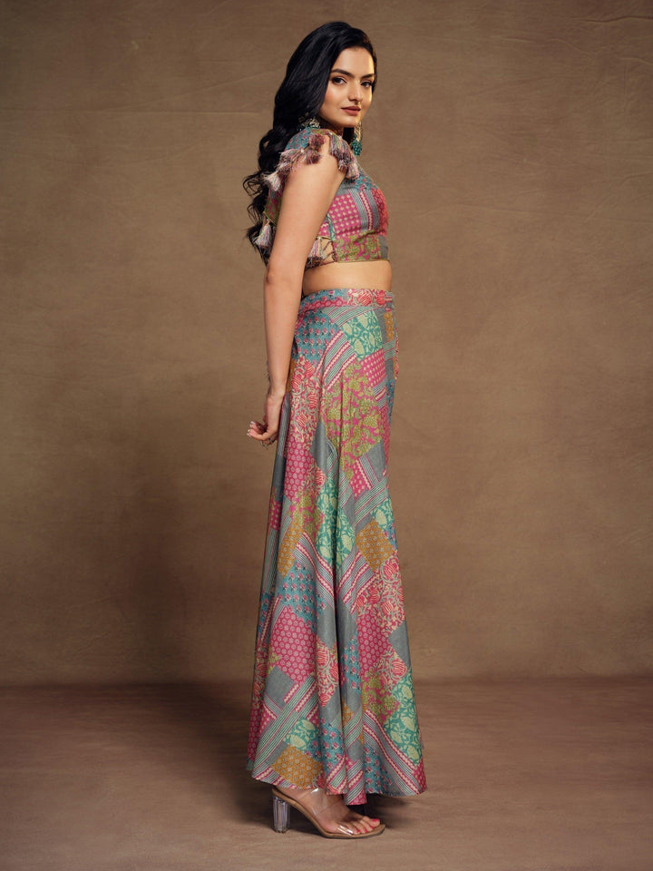 Multi-Color Muslin Silk Crop Top | Palazzo Set with Digital Prints