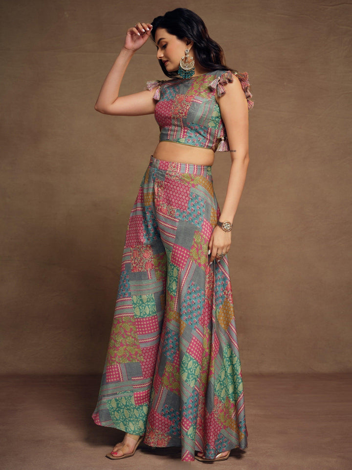 Multi-Color Muslin Silk Crop Top | Palazzo Set with Digital Prints