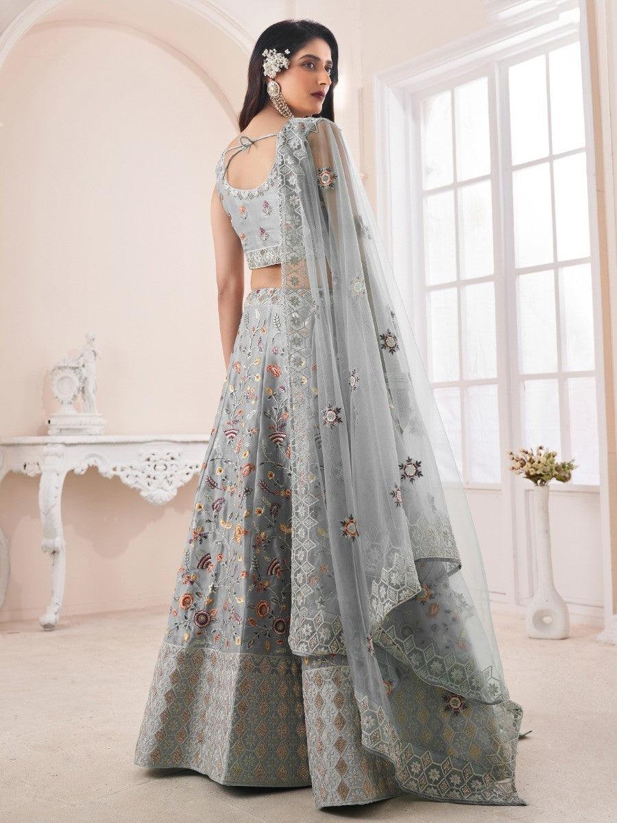 Grey Art Silk Lehenga Choli | Reception Wear with Floral Embroidery