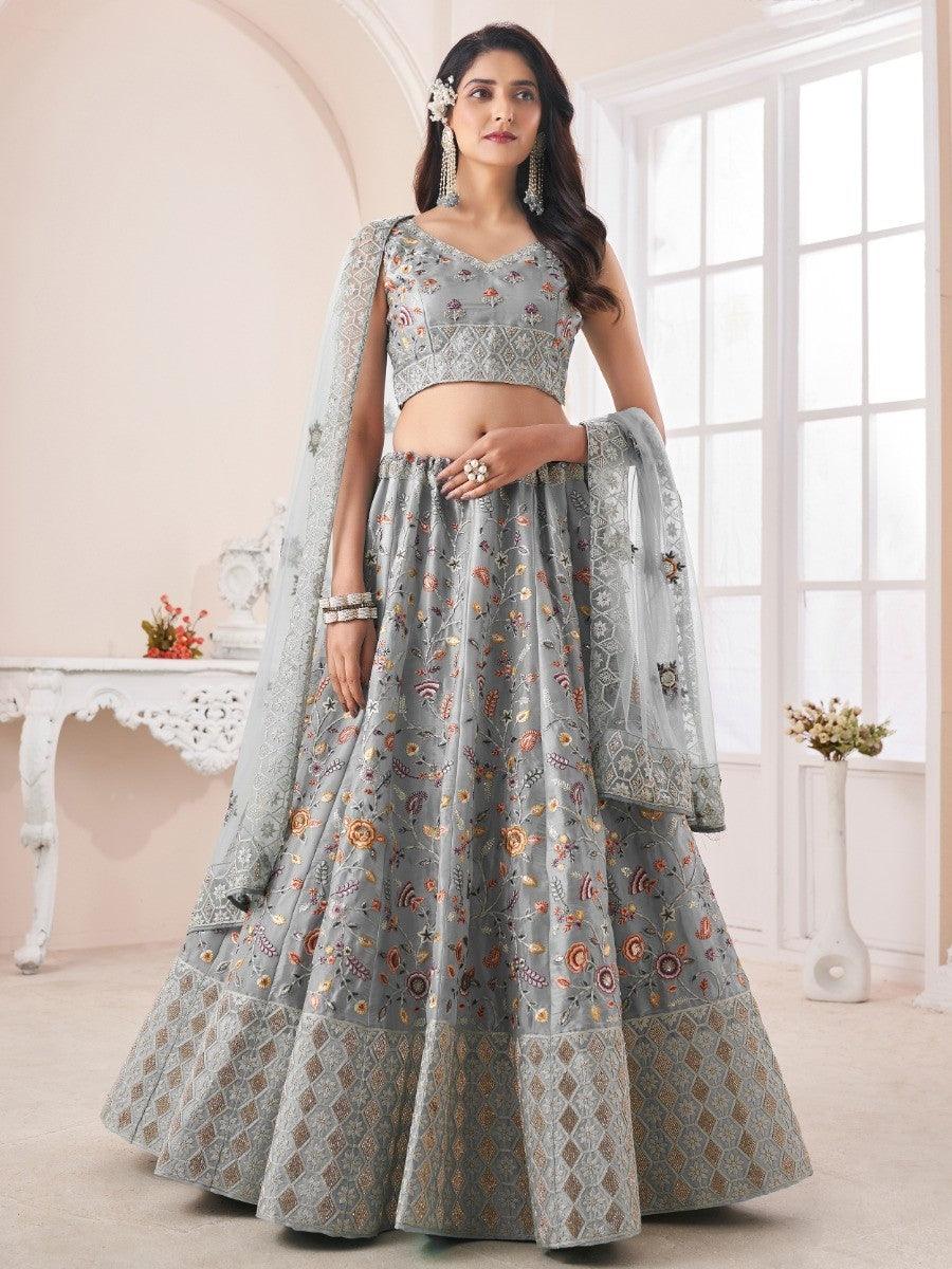 Grey Art Silk Lehenga Choli | Reception Wear with Floral Embroidery