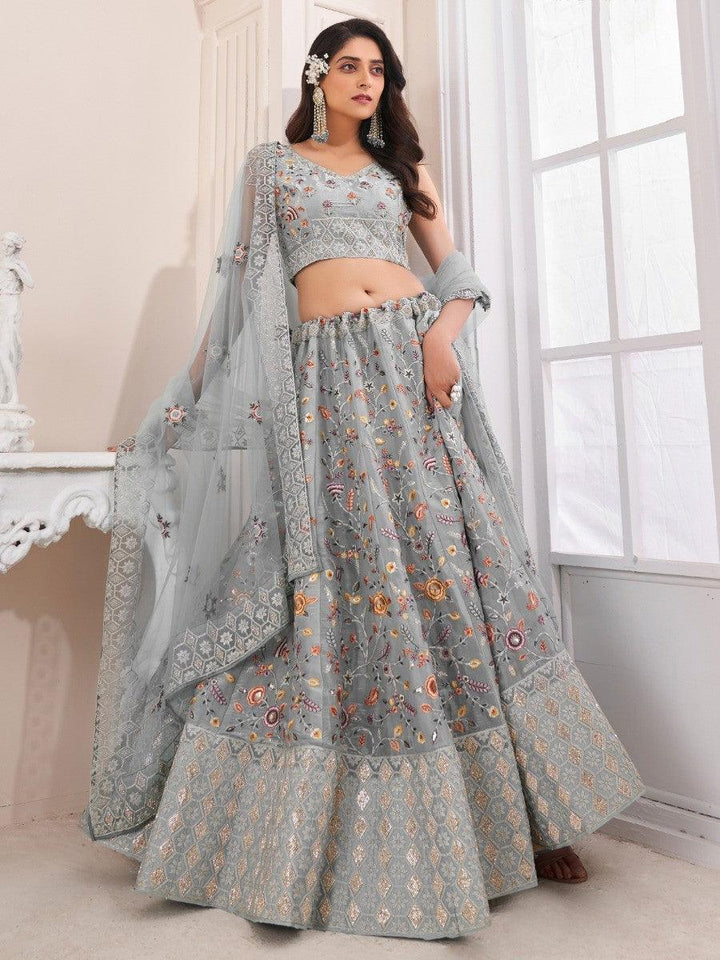 Grey Art Silk Lehenga Choli | Reception Wear with Floral Embroidery