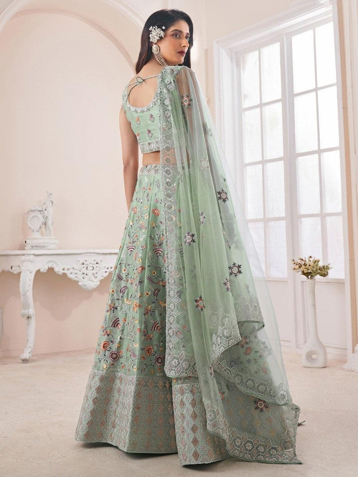 Mint Green Silk Lehenga Choli | Floral Embroidery & Thread Work Design