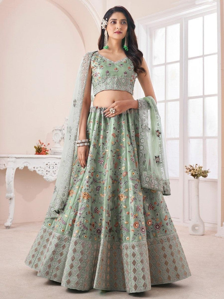 Mint Green Silk Lehenga Choli | Floral Embroidery & Thread Work Design