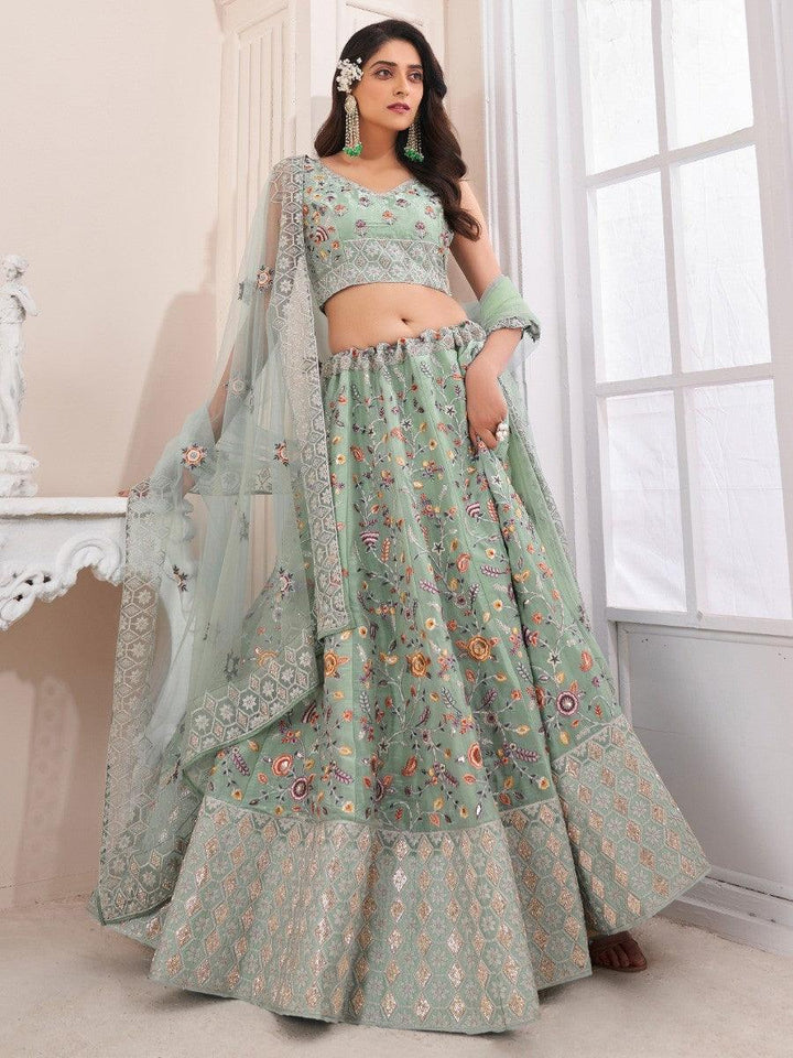 Mint Green Silk Lehenga Choli | Floral Embroidery & Thread Work Design