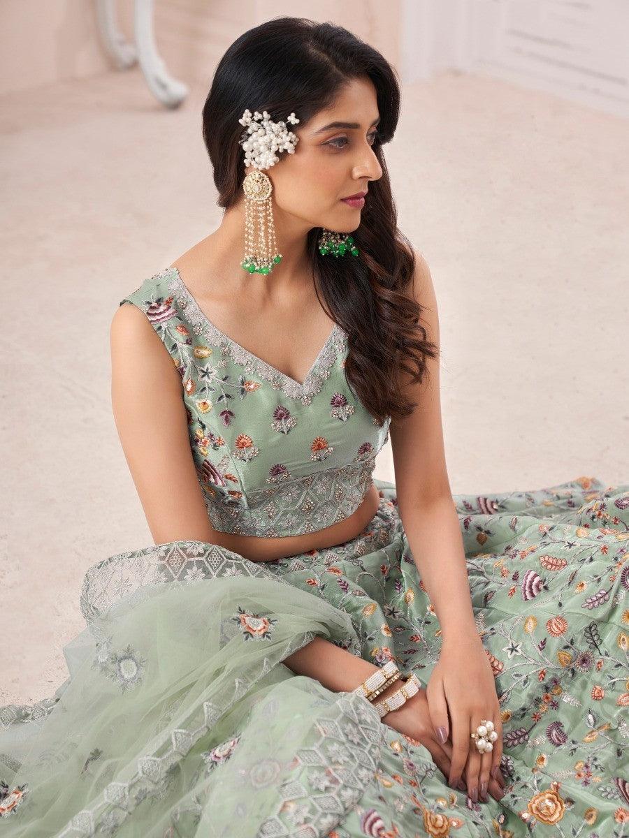 Mint Green Silk Lehenga Choli | Floral Embroidery & Thread Work Design