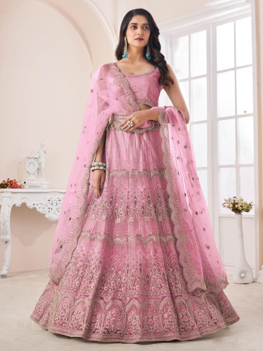 Enchanting Pink Sequins Net Wedding Lehenga Choli | Customizable Fit