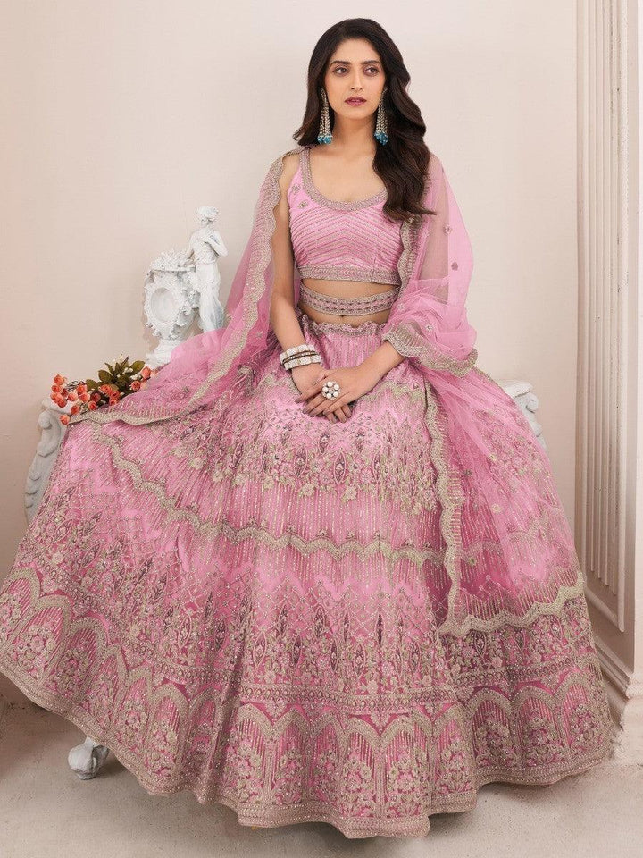 Enchanting Pink Sequins Net Wedding Lehenga Choli | Customizable Fit