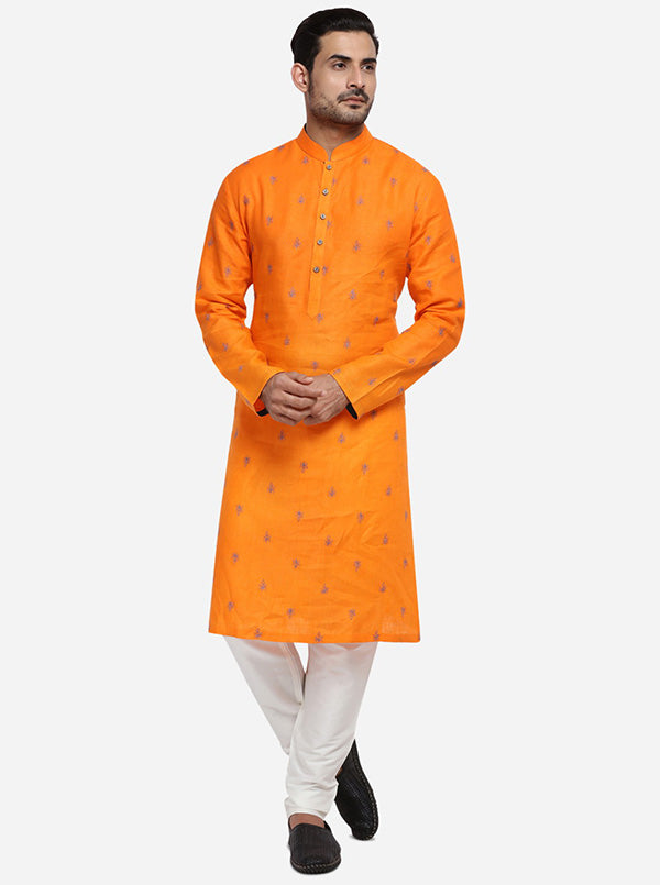 Add a trendy touch to your casual kurta pajama collection with this stylish bright orange kurta set for men.