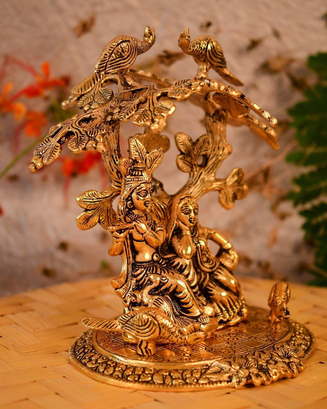 Radha Krishna Aluminium Idol | Showpiece Statue Under Tree - 7.5x5.5x8 Inch