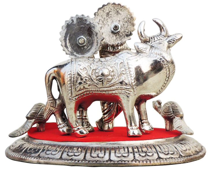 Aluminium Idol | Radha Krishna Cow Silver Showpiece - 7x5x5.3 Inch