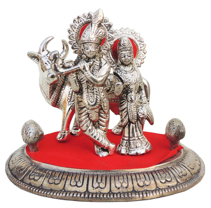 Aluminium Idol | Radha Krishna Cow Silver Showpiece - 7x5x5.3 Inch