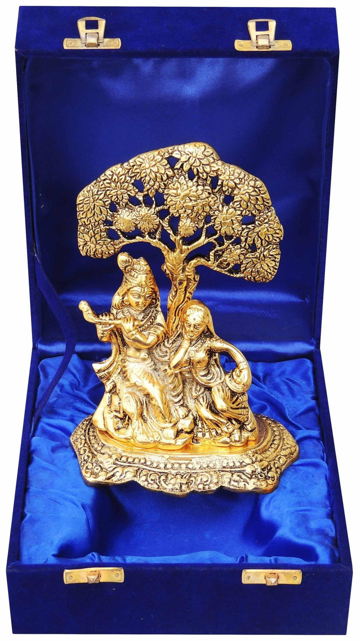 Aluminium Idol | Radha Krishna Showpiece Statue Sitting on Tree - 5*3*7 Inch