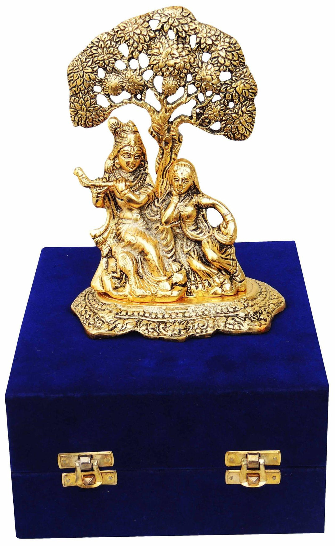 Aluminium Idol | Radha Krishna Showpiece Statue Sitting on Tree - 5*3*7 Inch