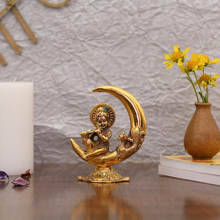 Showpiece Krishna On Moon Statue | Aluminium Idol Decorative Piece 5.5 inch