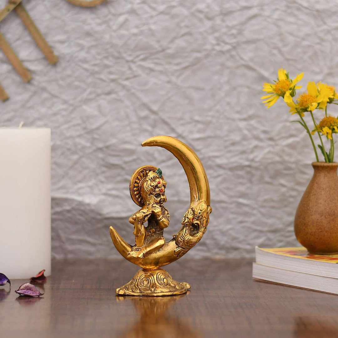 Showpiece Krishna On Moon Statue | Aluminium Idol Decorative Piece 5.5 inch