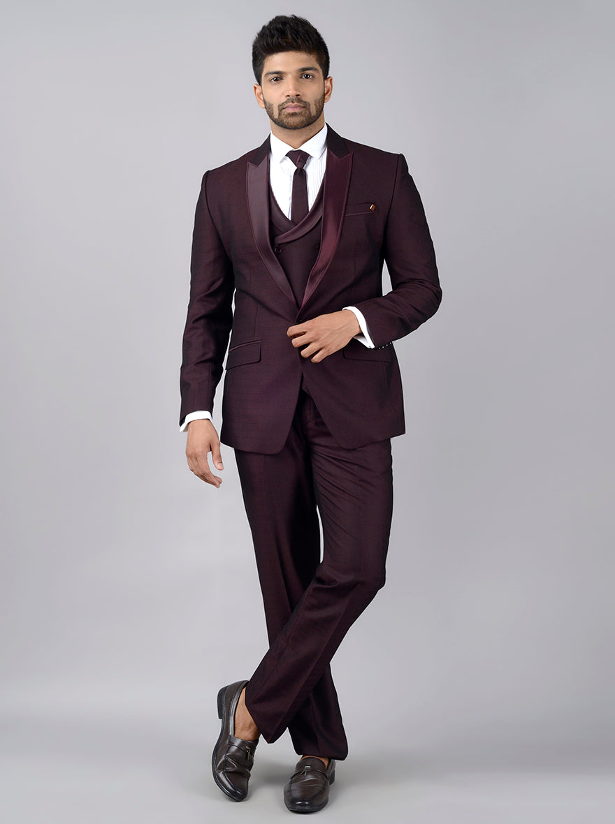 Maroon wedding suit for men, ideal for formal events, offering a stylish and elegant look for weddings and special occasions