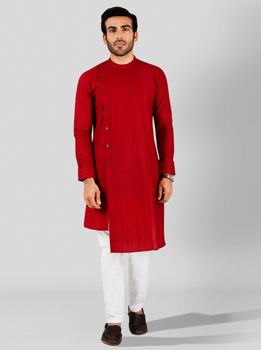 Stay stylish with this red stripe kurta set for men, featuring a modern asymmetric button placket for USA fashion.