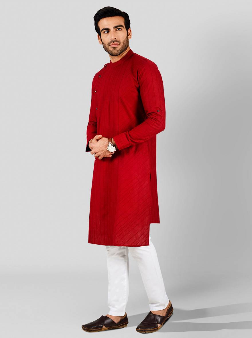 Red striped kurta set for men, crafted from breathable cotton, perfect for traditional and modern USA occasions.