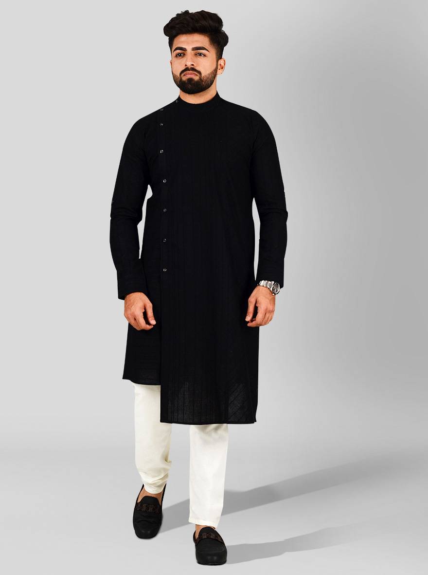 Elevate your look in the USA with this black stripe cotton kurta set, ideal for ethnic fashion enthusiasts.