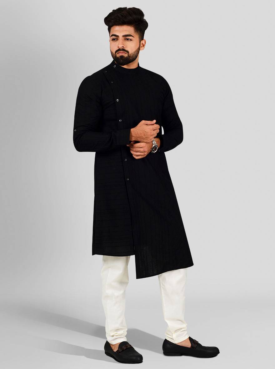 Black cotton kurta set for men, perfect for transitioning from casual daytime to evening events in the USA.