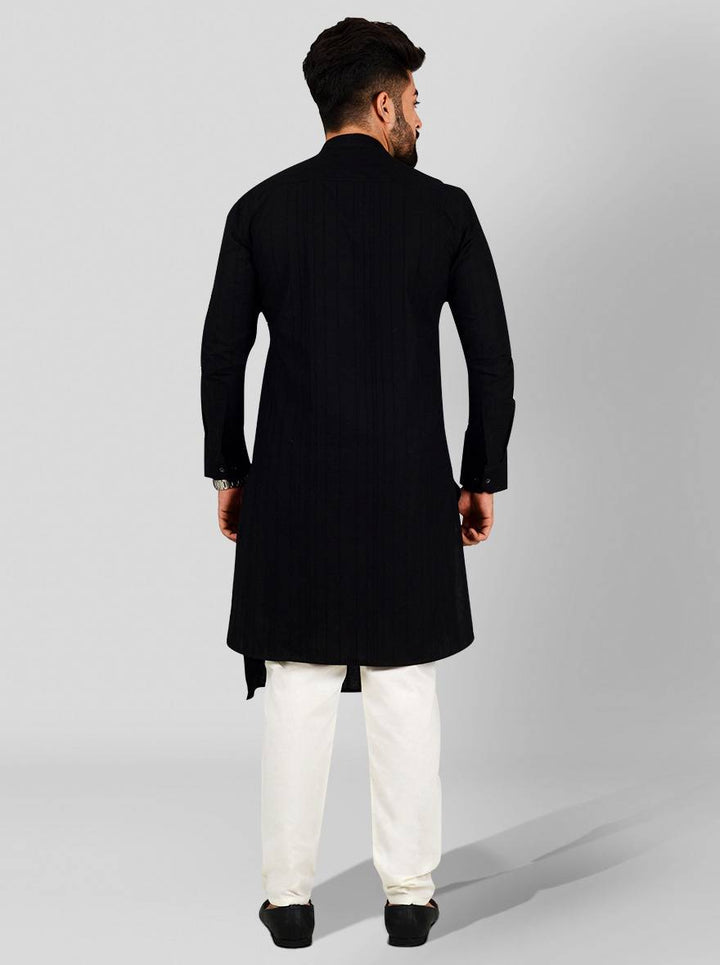 Black stripe kurta set for men, designed with an asymmetric front for a modern look in the USA.