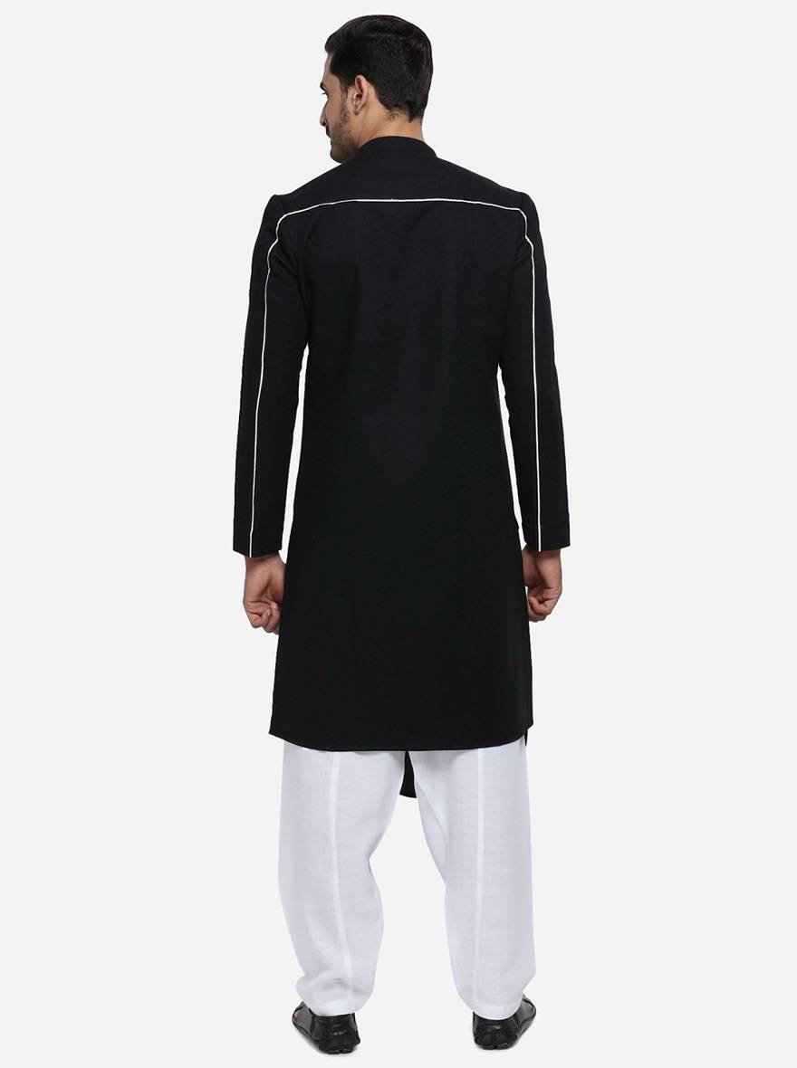 Elegant solid black kurta pajama, perfect for casual gatherings.