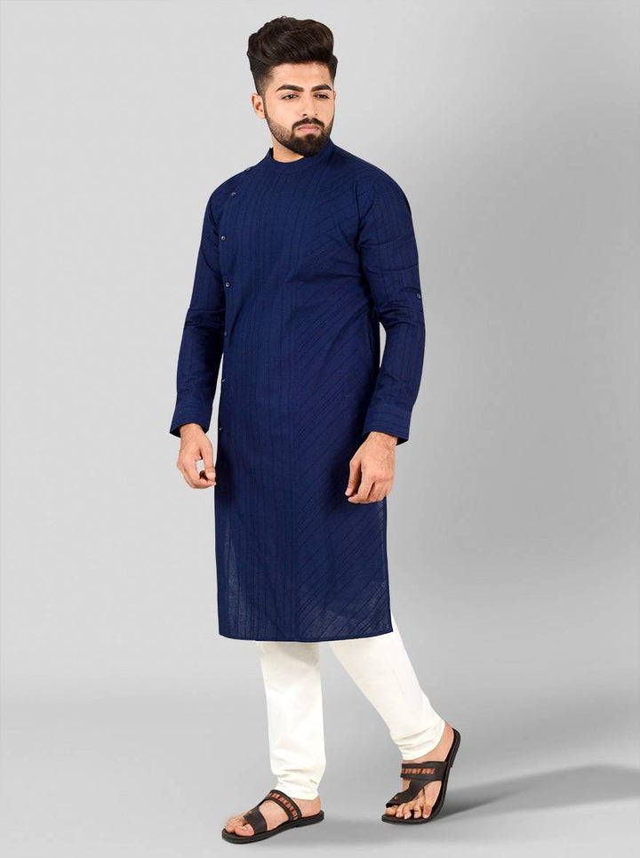 Navy blue kurta set for men, designed with a bold stripe pattern and asymmetric hem for USA occasions.