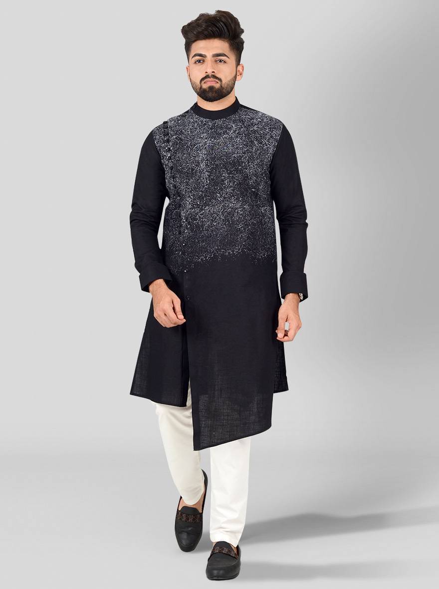 Experience modern elegance in the USA with this black printed cotton kurta set for men.