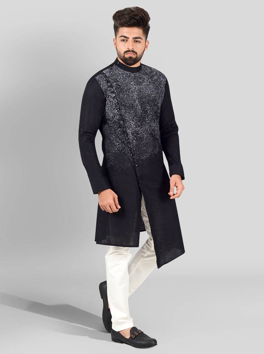 Black printed cotton kurta set for men in the USA, featuring a chic asymmetric hemline and mandarin collar.