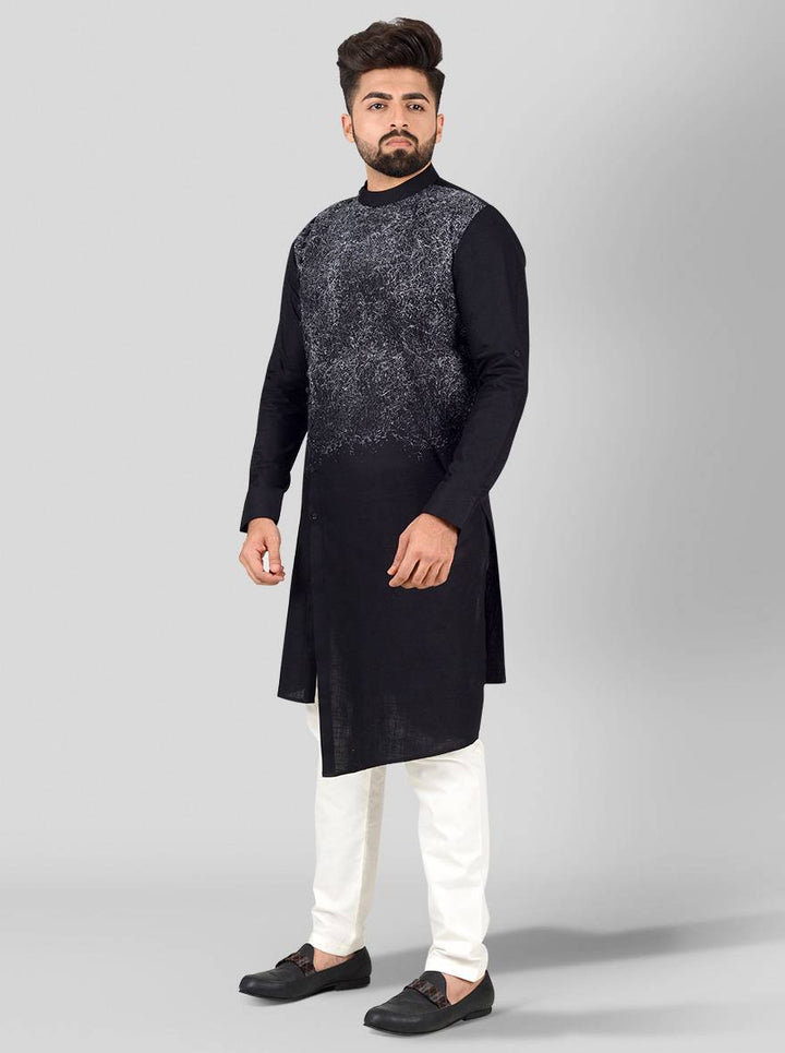 Black printed kurta set for men, featuring premium cotton and a trendy asymmetric hemline for USA occasions.