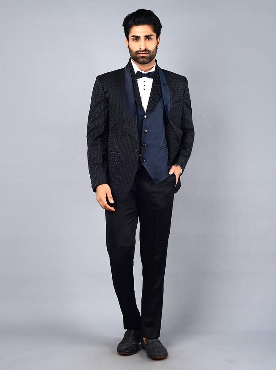 Classic regular fit suit for men in black and navy blue, designed with a unique self-textured jacquard for added style.