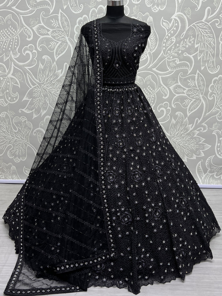 Astonishing Black Thread Work Net Reception Wear Lehenga Choli