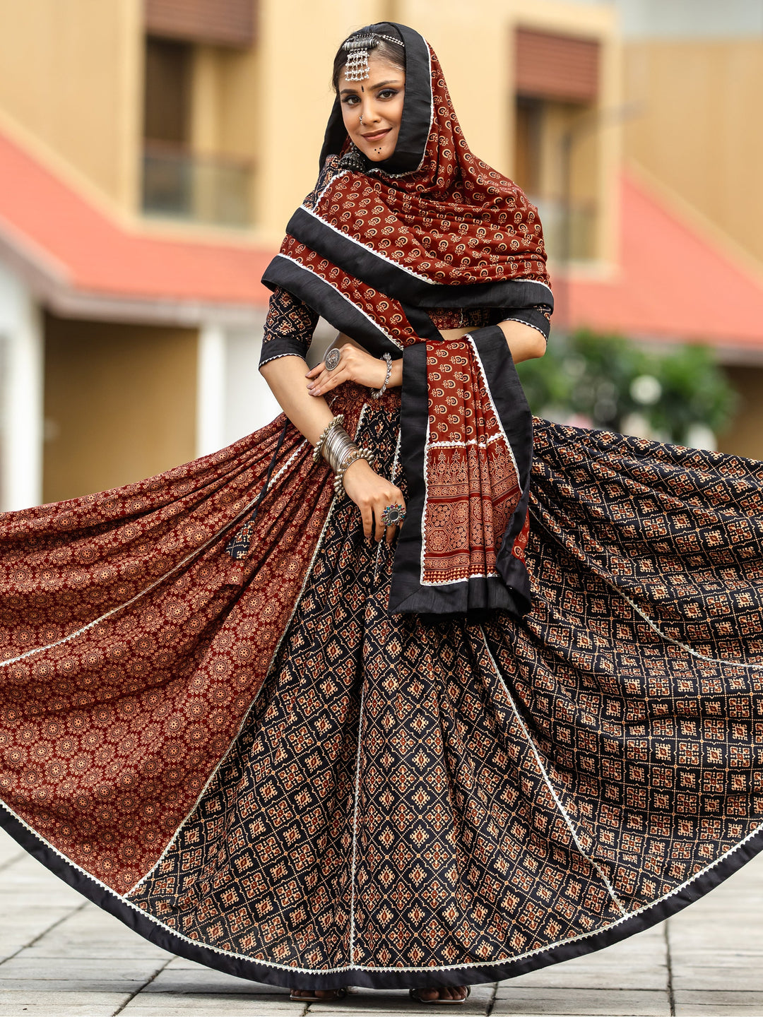 Alluring Black Printed Cotton Navratri Lehenga Choli With Dupatta