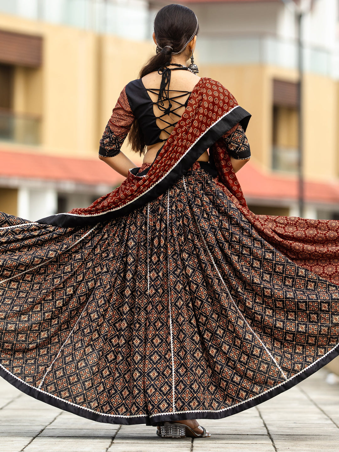 Alluring Black Printed Cotton Navratri Lehenga Choli With Dupatta