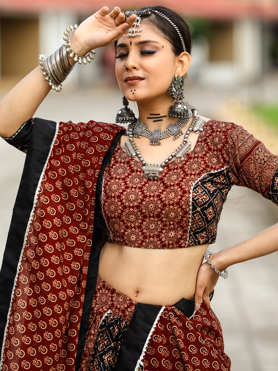 Alluring Black Printed Cotton Navratri Lehenga Choli With Dupatta