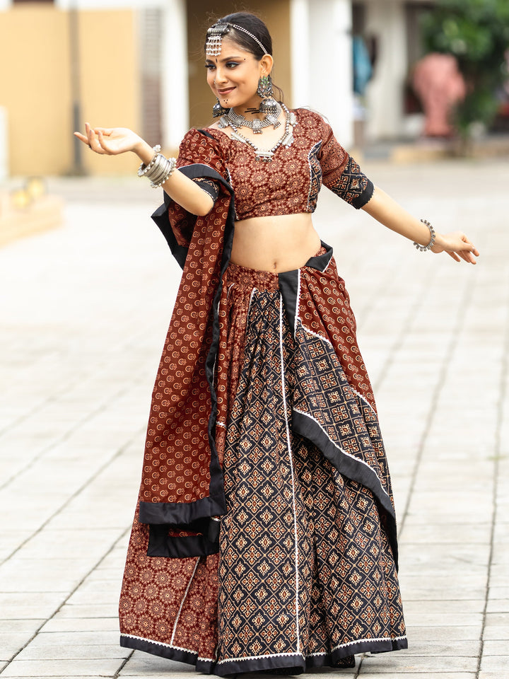 Alluring Black Printed Cotton Navratri Lehenga Choli With Dupatta