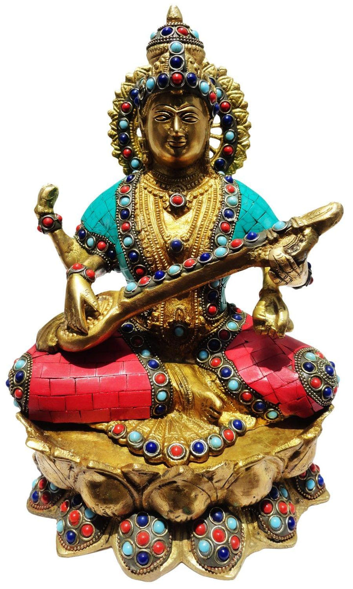 Brass Saraswati Ji God Idol Statue | Unique Showpiece - 8*6.8*10.5 inch