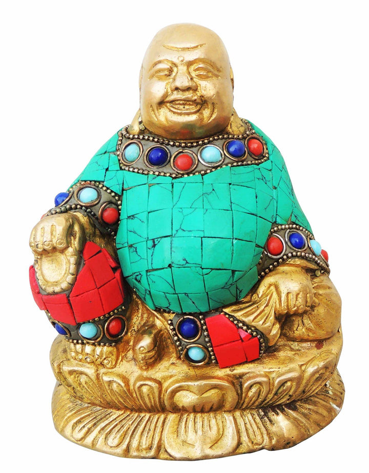 Brass Laughing Buddha Showpiece | Turquoise Coral Stone Finish 4.5 Inch