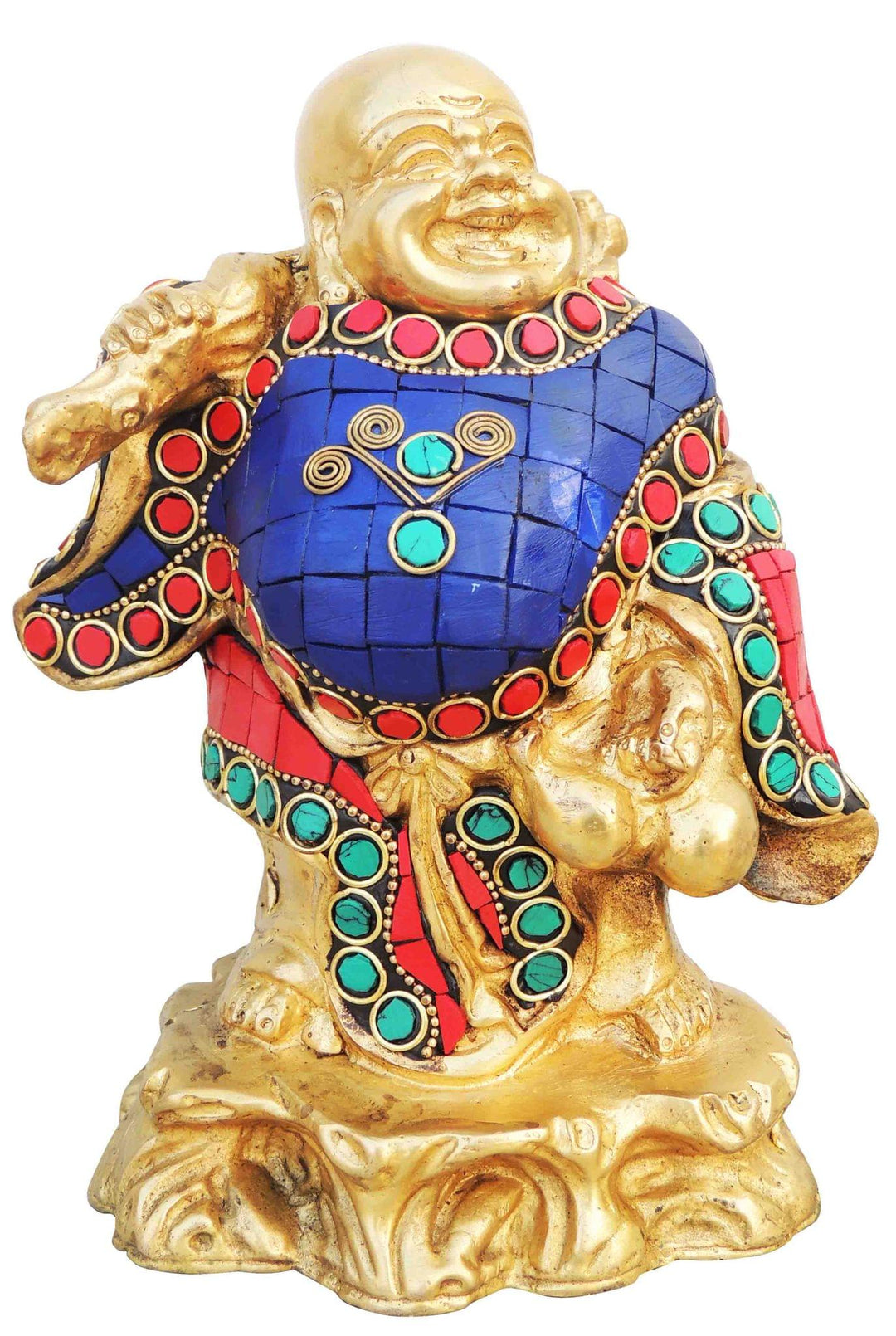 Brass Laughing Buddha Showpiece | Turquoise Coral Stone Finish Statue 5.3"