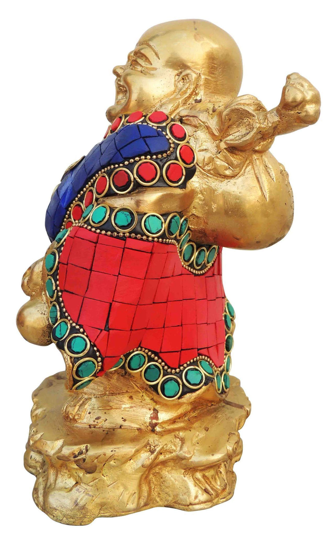 Brass Laughing Buddha Showpiece | Turquoise Coral Stone Finish Statue 5.3"