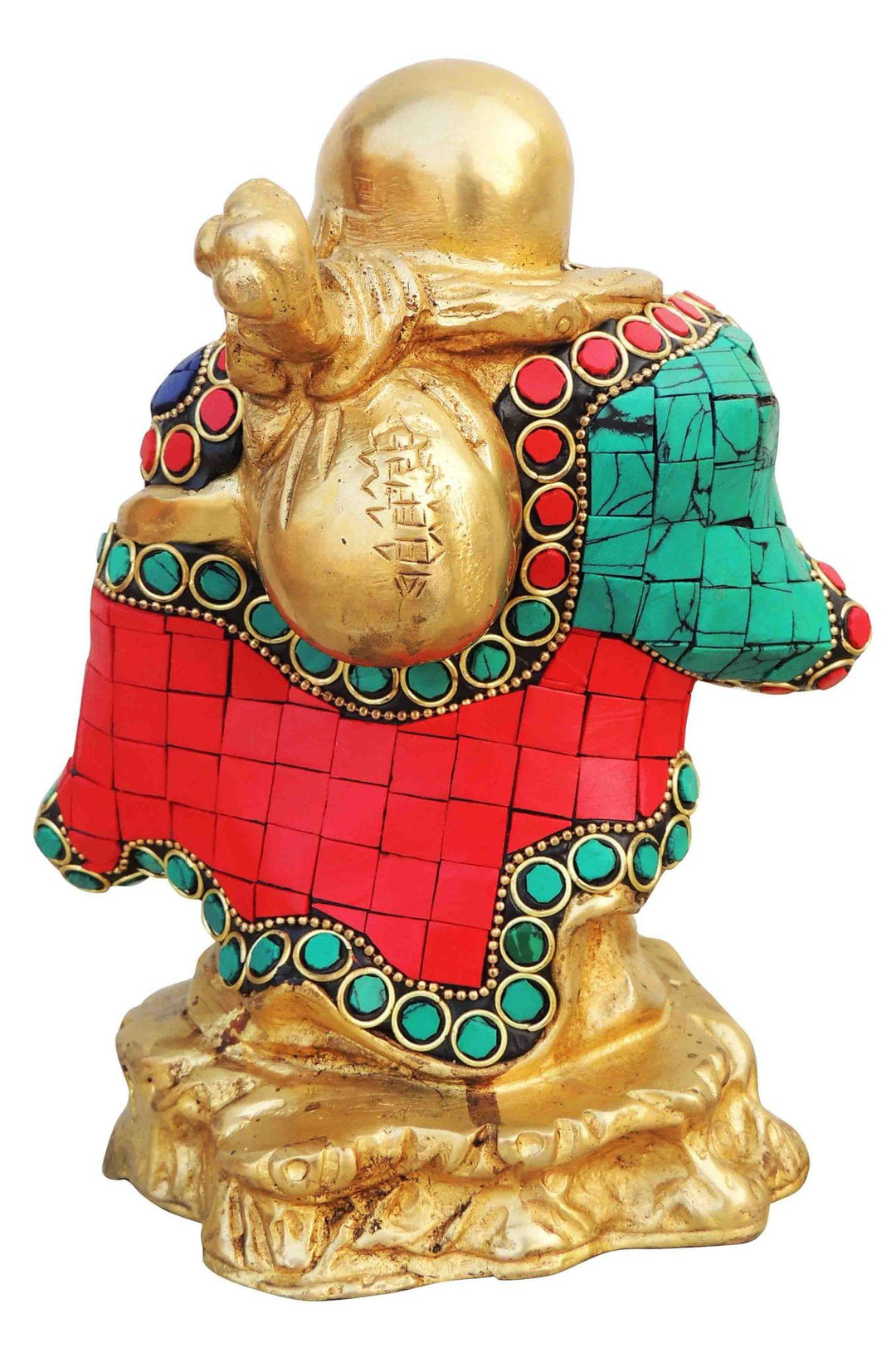 Brass Laughing Buddha Showpiece | Turquoise Coral Stone Finish Statue 5.3"