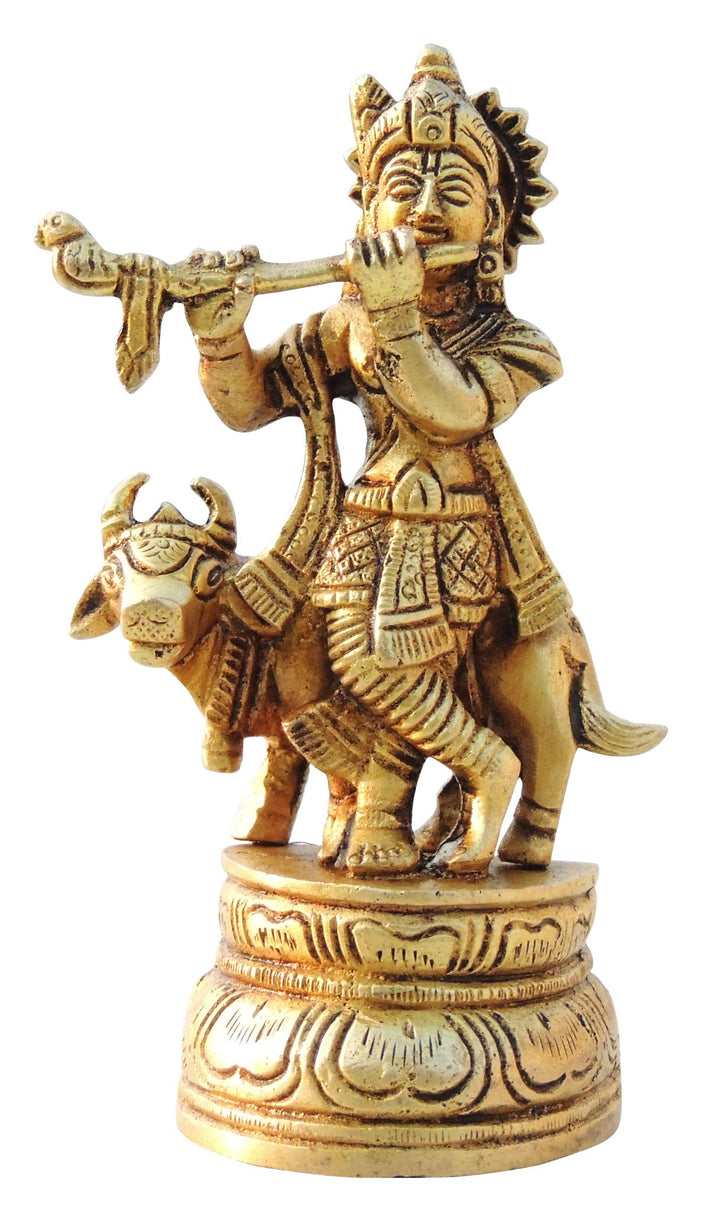 Brass Cow Krishna Idol | Small God Murtis Showpiece Statue 2.5x1.5x24.5 Inch