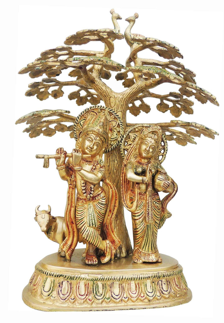 Brass Showpiece Tree Radha Krishna Cow God Idol Statue | Unique Decorative Art