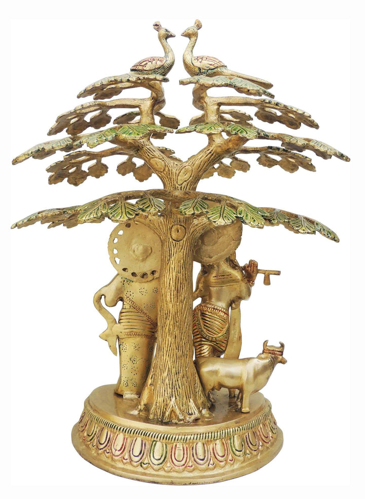 Brass Showpiece Tree Radha Krishna Cow God Idol Statue | Unique Decorative Art