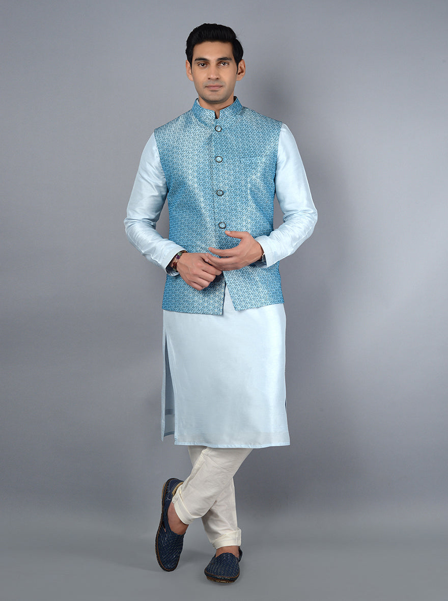 Elegant blue Bandhgala jacket, perfect for weddings and formal gatherings, offering a stylish ethnic look.