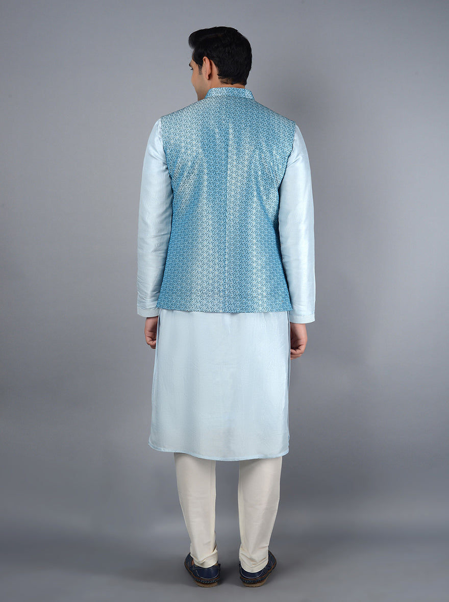 Chic blue Bandhgala jacket for men, perfect for weddings and formal events, enhancing your ethnic wardrobe.