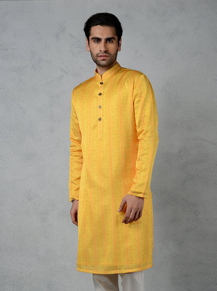 Yellow gazi silk kurta pajama, designed for USA men’s cultural celebrations.