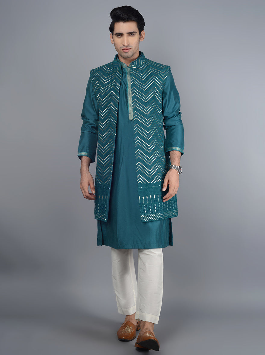 Celebrate in style with this deep blue silk kurta set designed for men in the USA.