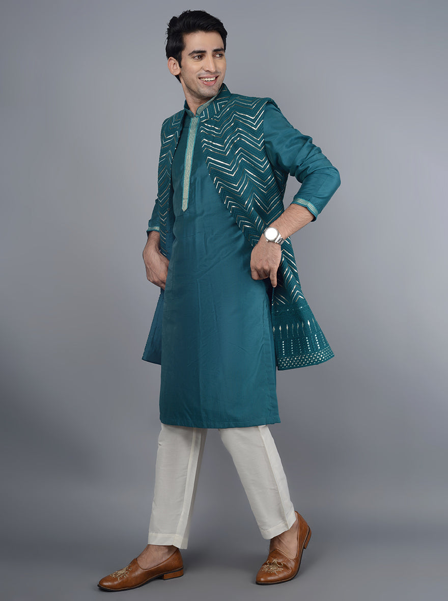 Elegant deep blue silk kurta pajama, perfect for festive occasions in the USA.